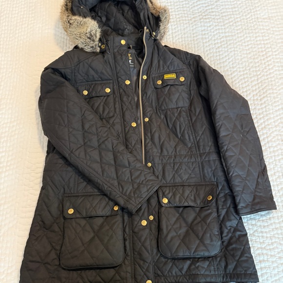 Barbour Black Quilted Jacket with Detachable Fur Hood - Picture 3 of 12